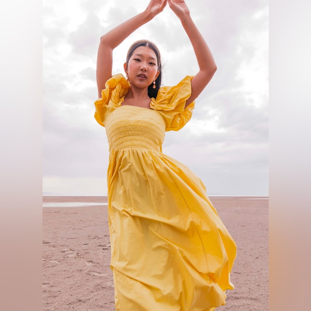 JessaKae Amber Yellow dress puffy puff ruffle sleeves midi maxi size Small